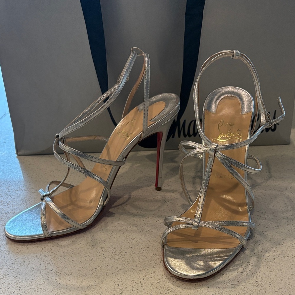 Christian Louboutin Silver Metallic Strappy Stiletto Sandals